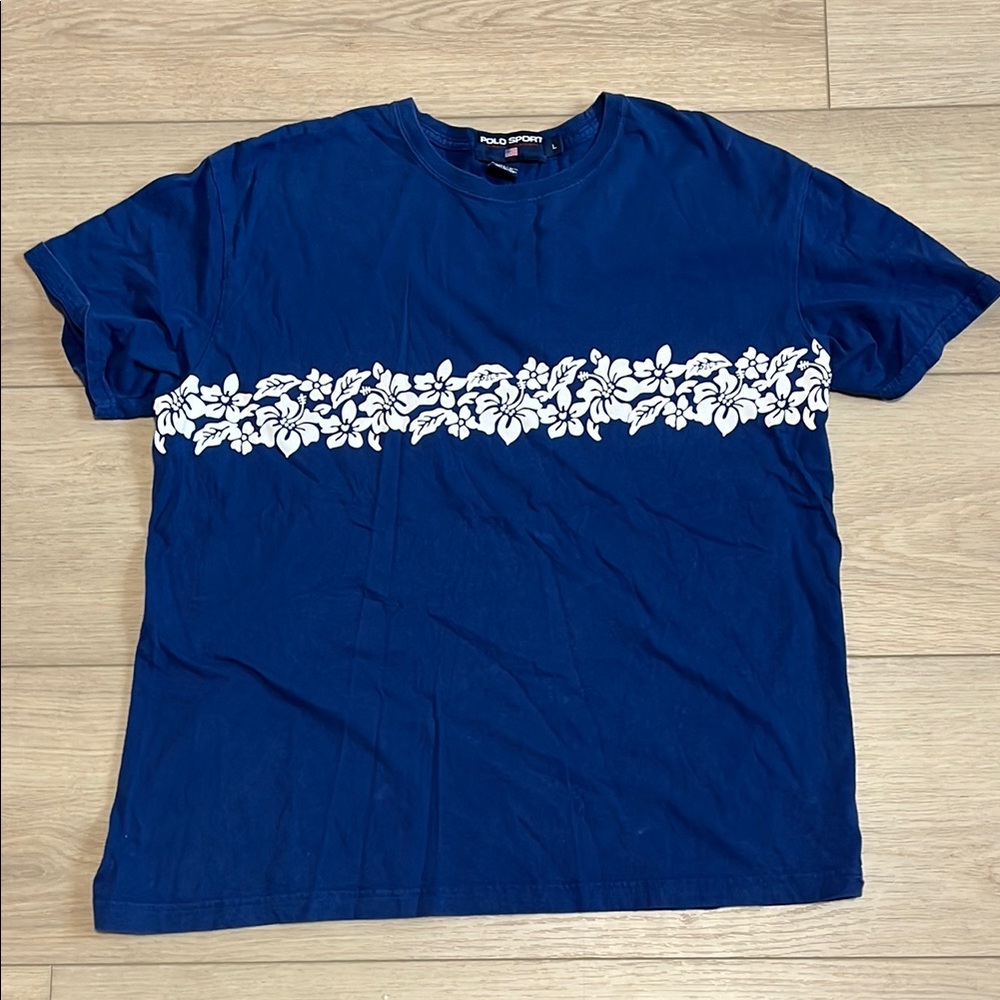 Polo Sport by Ralph Lauren Men's Navy Blue Hawaiian Floral Stripe Tee Shirt L